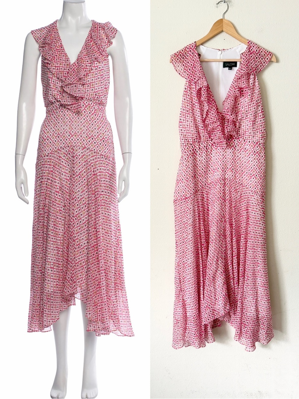 Saloni SIZE 10 sleeveless 100% silk ruffle Vneck asymmetrical hem midi dress